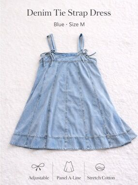 Denim Babydoll Tie Strap Dress Blue Flare A-Line Layered Style M